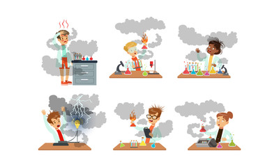 Poster - Collection of Boy and Girls Scientist After Failed Chemical and Physics Experiments, Schoolchildren Experimenting in Science Laboratory Vector Illustration