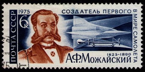 Wall Mural - USSR - CIRCA 1975: post stamp 6 Soviet kopek printed by USSR, shows airplane and portrait of Alexander Mozhaysky, aviation pioneer, researcher and designer of heavier-than-air craft, circa 1975