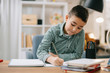 © JustLife - Cute little boy doing homework. Child learning foe school.