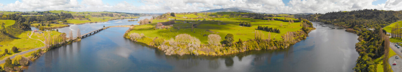 Wall Mural - New Zealand river and landscape, panoramic aerial view