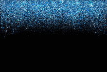 Confetti In Shades Of Classic Blue Border Isolated On Black. Falling Sparkles Dots. Shiny Dust Vector Background. The Color Of 2020 Year. Shades Of Blue Glitter Texture Effect. Easy To Edit Template.