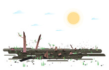 Growth Green Small Young Leaves And Grass After Wildfire, Nature Reborn After Fire Concept Illustration In Flat Style Isolated, Charred Earth With Young Plants
