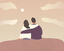 Young Couple In Love On Sky Background With Clouds.