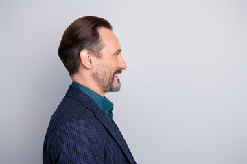 Close-up profile side view portrait of nice attractive cheerful cheery middle age man wearing formal-wear leadership recruitment isolated over light white gray pastel color background