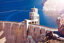 Tower On The Concrete Arch-gravity Hoover Dam In The Black Canyon Of The Colorado River On Nevada Arizona Border