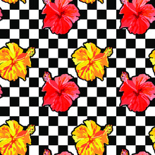 Yellow And Red Hibiscus Flowers On A Geometric Black White Cell. Vector Seamless Pattern.
