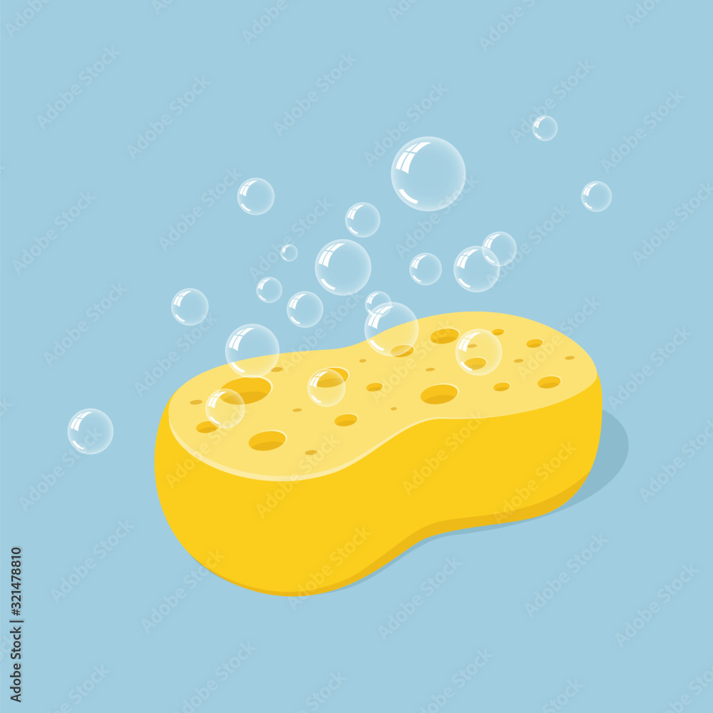 Yellow sponge for washing or cleaning with foam bubbles. Vector ...