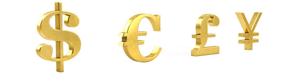 yen, US Dollar, Euro, British Pound, 3d gold illustration  on white background