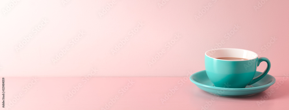 A cup of fresh coffee on pink background - obrazy, fototapety, plakaty 