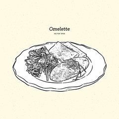 Wall Mural - omelette with cheese , salad and toasts. Breakfast, hand draw sketch vector.