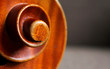 Makro Aufnahme einer Cello Schnecke mit schöner Holztextur vor braunem Hintergrund