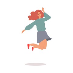 Wall Mural - Cheerful woman jumps expressing happiness, flat vector illustration isolated.