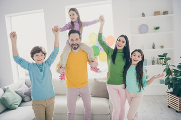 Sticker - Full dream cozy comfort harmony people family enjoy anniversary event celebration hold hands mom mommy hug her three little children dad daddy piggyback scream couch in house room