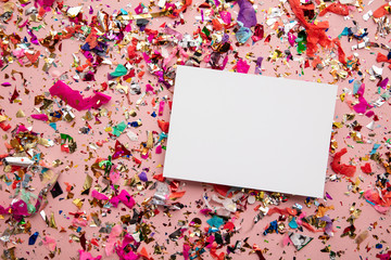 Wall Mural - Blank card on colourful party sparkling party confetti