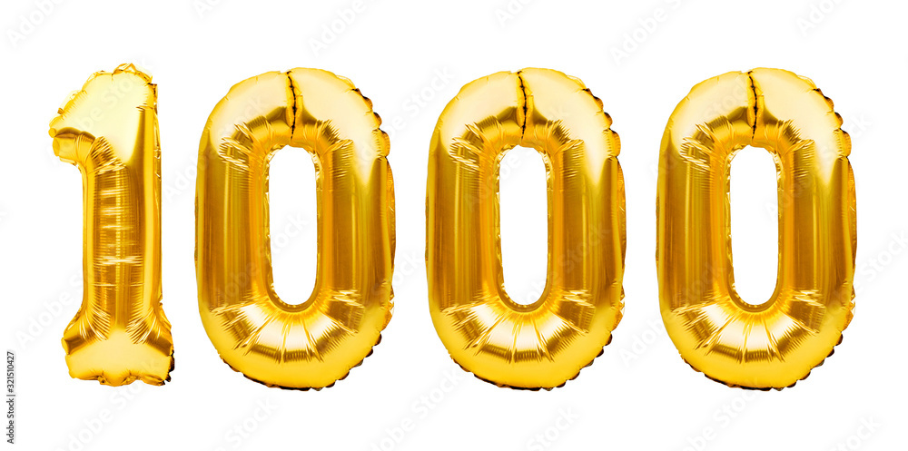 Number 1000 one thousand made of golden inflatable balloons isolated on white. Helium balloons, gold foil numbers. Party decoration, 1000 subscribers or followers and likes