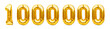 Number 1000000 one million made of golden inflatable balloons isolated on white. Helium balloons, gold foil numbers. Party decoration, number of reached goal of subscribers or followers and likes