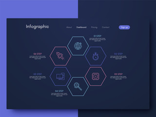 Vector graphics infographics with six options. Template for creating mobile applications, workflow layout, diagram, banner, web design, business reports with 6 steps