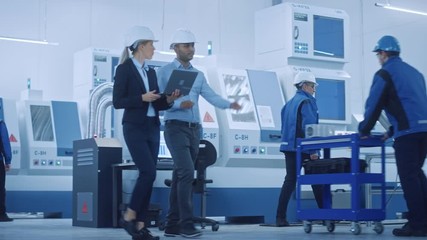 Poster - Modern Factory with Professional Workers, Engineers, Managers Working on Production Line, Workshop Management, Optimization. Industrial Facility: Equipped with CNC Machinery and robot arm Technology