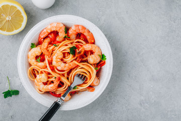 Wall Mural - Italian food shrimp spaghetti pasta with tomato sauce