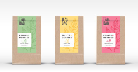 Wall Mural - craft paper bag with fruit and berries tea labels set. abstract vector packaging design layout with 