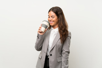 Wall Mural - Young business woman over isolated white background