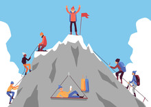Cartoon People Climbing Mountain And Happy Man Standing On Top
