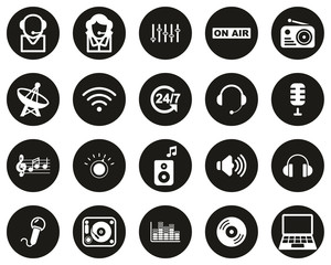 Sticker - Radio Station & Radio Equipment Icons White On Black Flat Design Circle Set Big