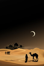 Arab People With Camels Caravan Riding In Realistic Desert Sands,Caravan Muslim Ride Camel To Mosque,Ramadan Kareem Concept,Vertical Desert  With Sand Dunes And Crescent Moon At Dark Night