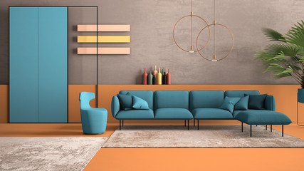 Orange and light blue colored contemporary living room, pastel colors, sofa, armchair, carpet, concrete walls, potted plant, copper lamp. Interior design atmosphere, architecture idea