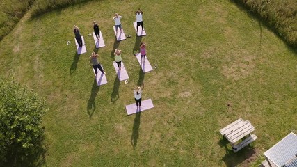 Wall Mural - Drone Shot Of Teacher Leading Group Of Mature Men And Women In Class At Outdoor Yoga Retreat