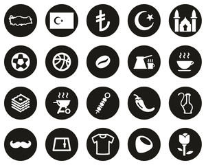 Wall Mural - Republic Of Turkey Country & Culture Icons White On Black Flat Design Circle Set Big