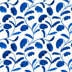 Wall Mural - Watercolor illustration. Seamless abstract pattern with blue  leaves on a white background. Design for wallpaper, fabric, textile, packaging.