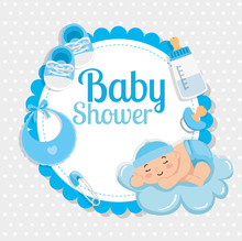 Baby Shower Card With Cute Little Boy And Decoration Vector Illustration Design
