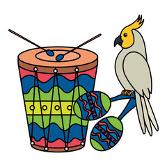 Poster - drum with parrot and maracas isolated icon vector illustration design