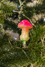 Glass Mushroom Toadstool With A Red Hat-new Years Soviet Christmas Tree Toy On A Branch