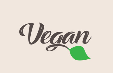 Vegan text word with green leaf hand written for logo typography design template