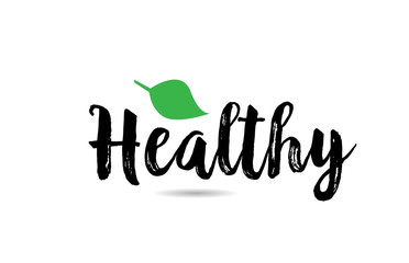 Healthy text word with green leaf hand written for logo typography design template