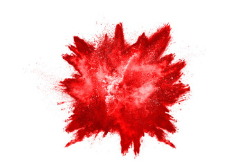 Freeze motion of red powder exploding, isolated on white background. Abstract design of red dust cloud. Particles explosion screen saver, wallpaper