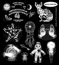 Occultism Set With Ouija Board, Mystical Cat, Pentagram Of Roses, Dream Catcher, Hands With Eyes, Voodoo Doll, Crystal Ball, Rhinoceros Beetle, Crow Skull.
