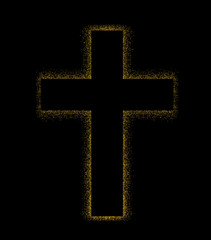 Wall Mural - Gold shining cross logotype. Emblem of religious event. Greeting card with glitter and sparkles on dark