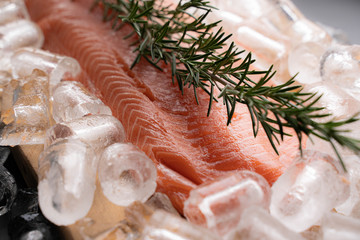 Fresh raw salmon fish steak on ice .Creative layout made of fish, top view, flat lay