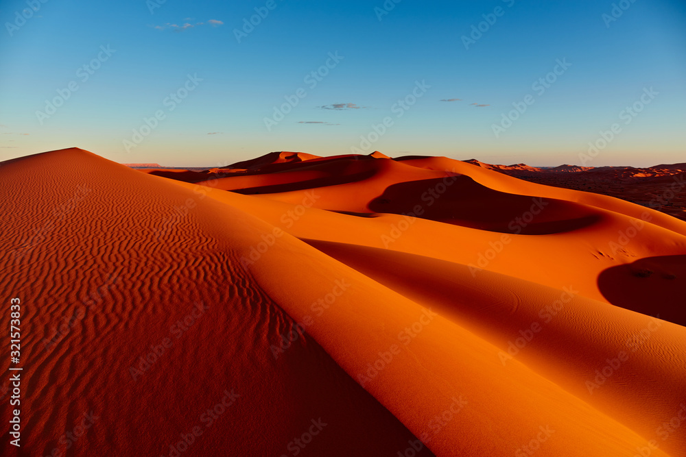 Sand dunes in the Sahara Desert, Merzouga, Morocco - obrazy, fototapety, plakaty 