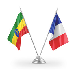 France and Ethiopia table flags isolated on white 3D rendering