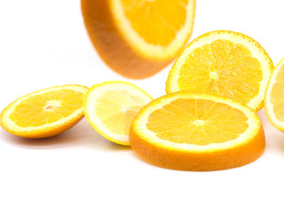 Set of ripe lemon and orange fruits isolated on white background.