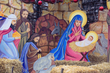 christmas nativity scene in the city park.