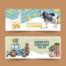 Farmer Banner Design With Flowerpot, Tractor, Cow Watercolor Illustration,
