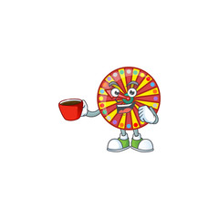 Wall Mural - Cool wheel fortune cartoon character with a cup of coffee