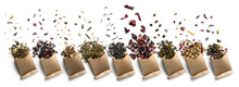 Large Assortment Of Tea On A White Background. The View From The Top