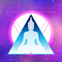 Wall Mural - Yoga silhouette over colorful neon vibrant background. Vector illustration. Vintage composition. Indian, Buddhism, Spiritual motifs. Tattoo, yoga, spirituality. Futuristic vector in 1990s style.