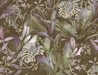  Tropical seamless pattern with tropical flowers, banana leaves.